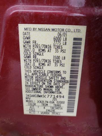 5N1AR18WX5C771494 - 2005 NISSAN PATHFINDER LE 红色 照片 13