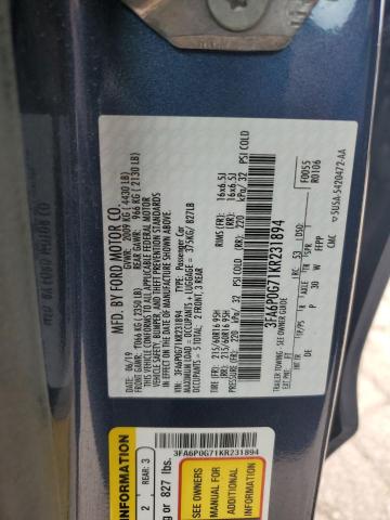 3FA6P0G71KR231894 - 2019 FORD FUSION S BLUE photo 12