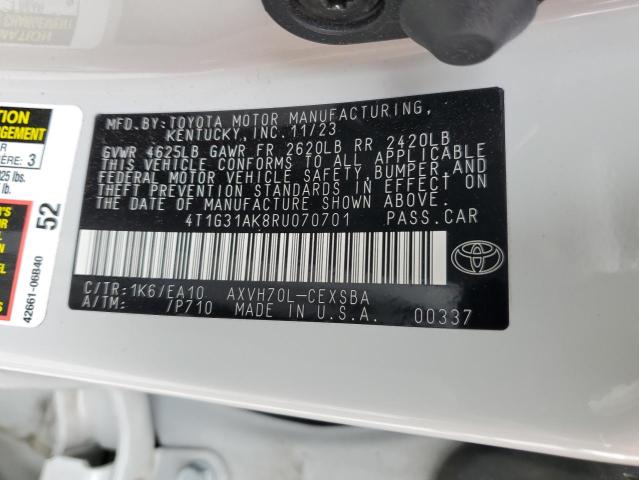 4T1G31AK8RU070701 - 2024 TOYOTA CAMRY SE NIGHT SHADE WHITE photo 12