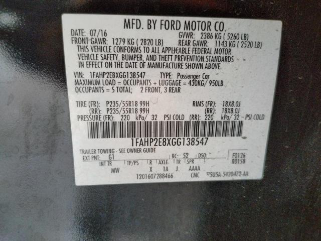 1FAHP2E8XGG138547 - 2016 FORD TAURUS SEL BLACK photo 12