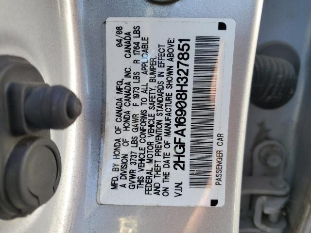 2HGFA16908H327851 - 2008 HONDA CIVIC EXL SILVER photo 10