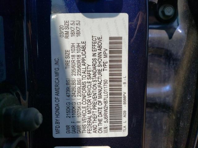 5J6RW2H87LL011750 - 2020 HONDA CR-V EXL BLUE photo 12