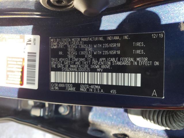 5TDGZRAH6LS000535 - 2020 TOYOTA HIGHLANDER XLE BLUE photo 13