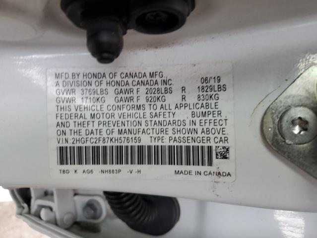 2HGFC2F87KH576159 - 2019 HONDA CIVIC SPORT 白色 照片 12