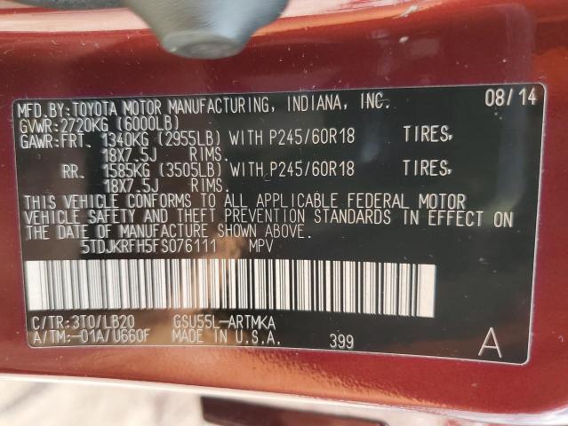 5TDJKRFH5FS076111 - 2015 TOYOTA HIGHLANDER XLE BURGUNDY photo 14