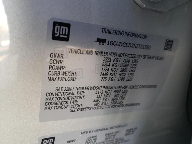 1GCUDGED3NZ531660 - 2022 CHEVROLET SILVERADO K1500 LTZ SILVER photo 12