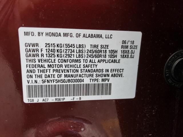 5FNYF5H50JB030004 - 2018 HONDA PILOT EXL MAROON photo 13