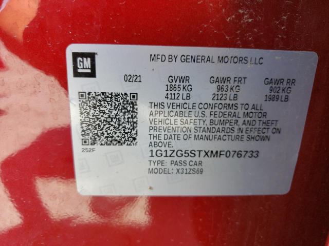 1G1ZG5STXMF076733 - 2021 CHEVROLET MALIBU RS BURGUNDY photo 12