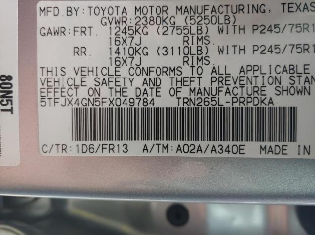 5TFJX4GN5FX049784 - 2015 TOYOTA TACOMA DOUBLE CAB PRERUNNER SILVER photo 10