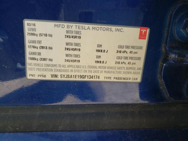 5YJSA1E19GF134174 - 2016 TESLA MODEL S Կապույտ լուսանկար 13