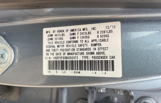 1HGCP2F8XBA062473 - 2011 HONDA ACCORD EXL BLUE photo 10