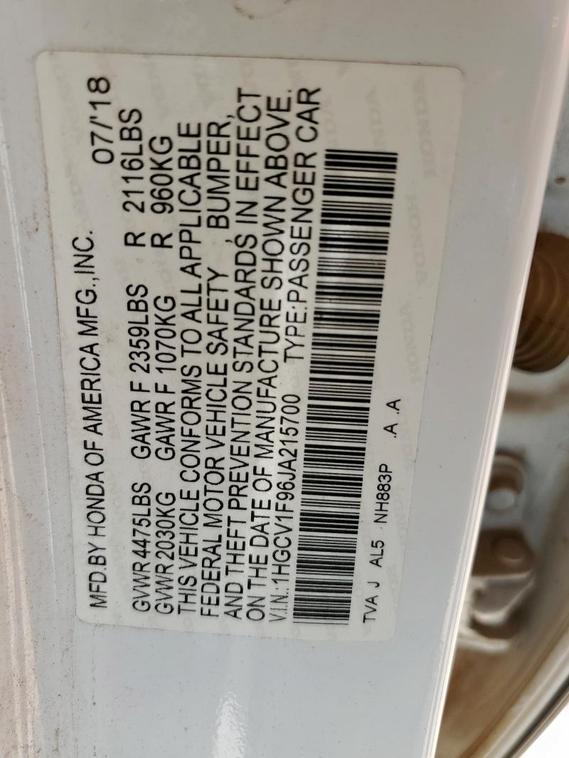 1HGCV1F96JA215700 - 2018 HONDA ACCORD TOURING WHITE photo 12