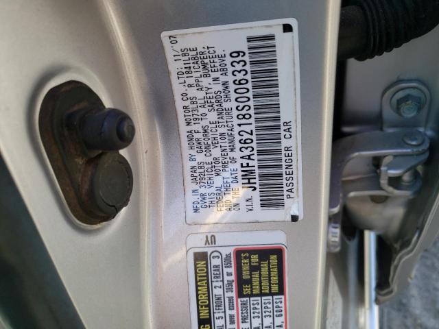 JHMFA36218S006339 - 2008 HONDA CIVIC HYBRID SILVER photo 12