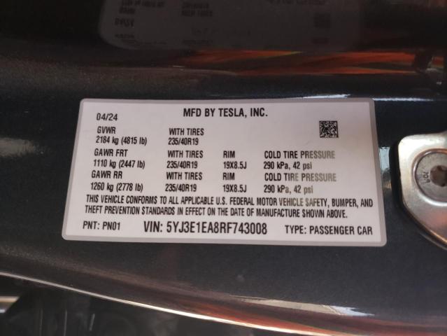 5YJ3E1EA8RF743008 - 2024 TESLA MODEL 3 BLACK photo 13