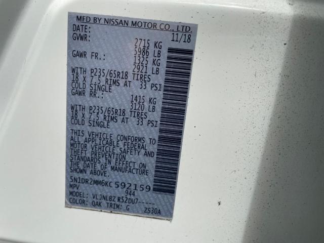 5N1DR2MM6KC592159 - 2019 NISSAN PATHFINDER S 白色 照片 10