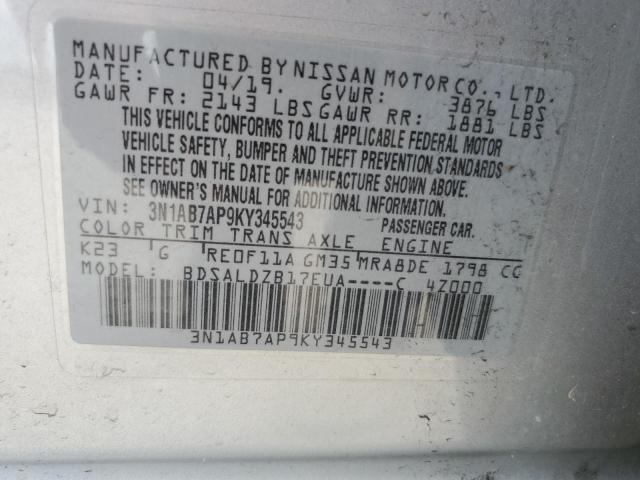 3N1AB7AP9KY345543 - 2019 NISSAN SENTRA S SILVER photo 12