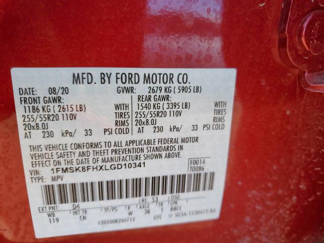 1FMSK8FHXLGD10341 - 2020 FORD EXPLORER LIMITED RED photo 13