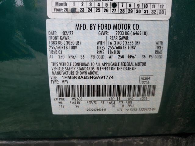 1FM5K8AB3NGA91774 - 2022 FORD EXPLORER POLICE INTERCEPTOR GREEN photo 14