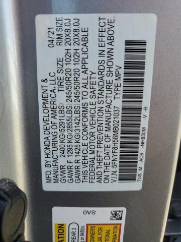 5FNYF8H56MB021037 - 2021 HONDA PASSPORT EXL SILVER photo 13