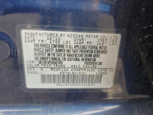 3N1CN7AP2EK451839 - 2014 NISSAN VERSA S BLUE photo 12