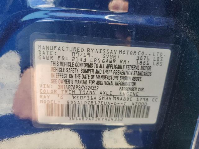 3N1AB7AP3KY424352 - 2019 NISSAN SENTRA S BLUE photo 13