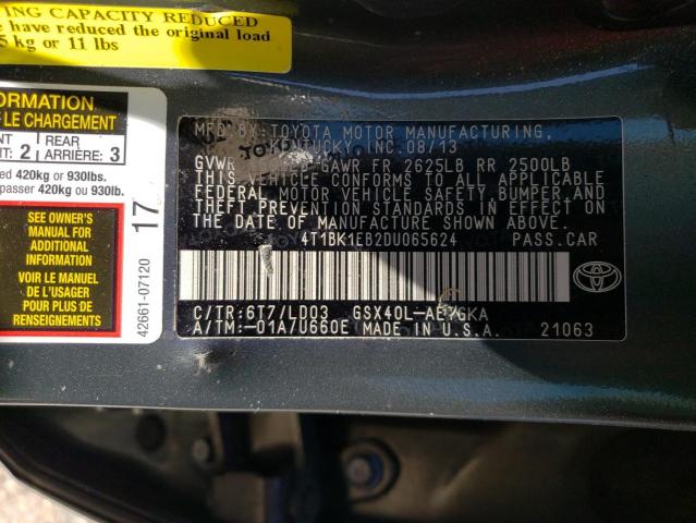 4T1BK1EB2DU065624 - 2013 TOYOTA AVALON BASE 绿色 照片 13