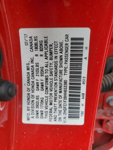2HGFC1F39HH653380 - 2017 HONDA CIVIC EX RED photo 13