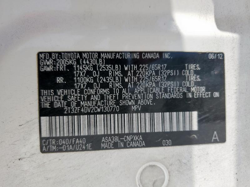 2T3ZF4DV2CW130770 - 2012 TOYOTA RAV4 თეთრი ფოტო 13