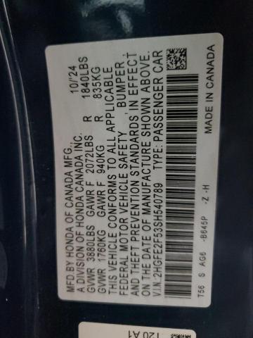 2HGFE2F53SH540789 - 2025 HONDA CIVIC SPORT BLUE photo 12
