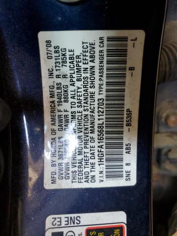 1HGFA16568L112703 - 2008 HONDA CIVIC LX BLUE photo 12