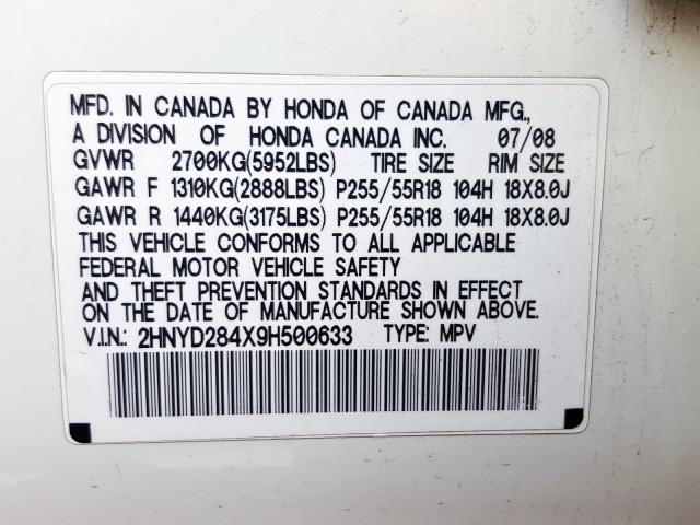 2HNYD284X9H500633 - 2009 ACURA MDX TECHNOLOGY  photo 10