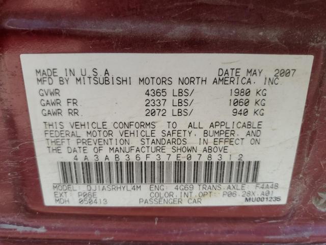 4A3AB36F37E078312 - 2007 MITSUBISHI GALANT ES MAROON photo 12