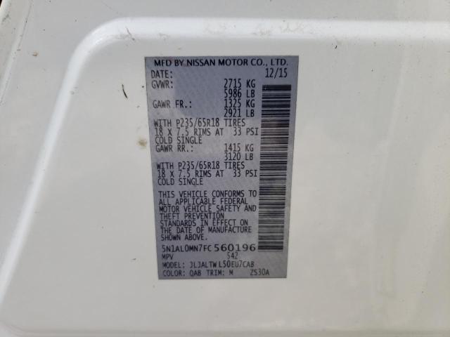 5N1AL0MN7FC560196 - 2015 INFINITI QX60 WHITE photo 13