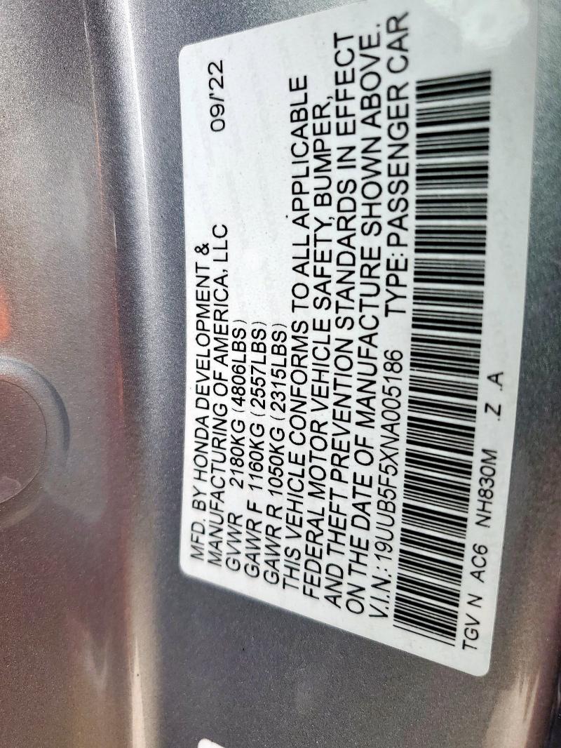 19UUB5F5XNA005186 - 2022 ACURA TLX TECH A SILVER photo 12