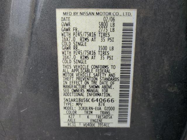 5N1AR18U56C640666 - 2006 NISSAN PATHFINDER LE CHARCOAL photo 13