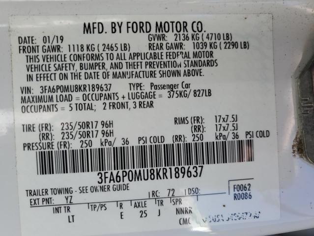 3FA6P0MU8KR189637 - 2019 FORD FUSION SEL WHITE photo 12