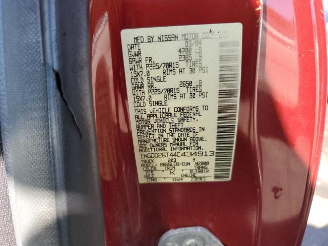 1N6DD26T44C434913 - 2004 NISSAN FRONTIER KING CAB XE RED photo 10