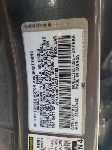 2T1KR38EX4C312063 - 2004 TOYOTA COROLLA MA XR GRAY photo 12