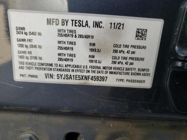 5YJSA1E5XNF459397 - 2022 TESLA MODEL S Boz foto 13