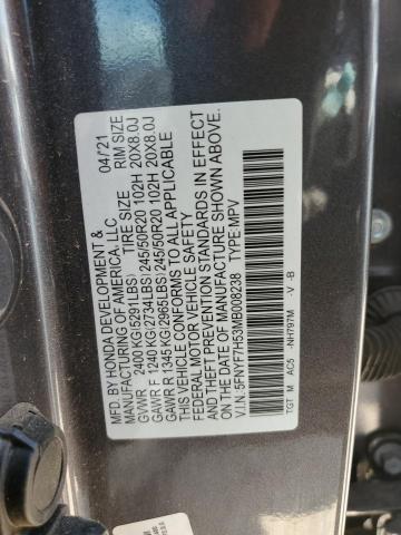 5FNYF7H53MB008238 - 2021 HONDA PASSPORT EXL GRAY photo 12