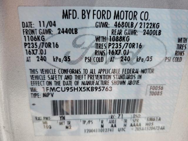 1FMCU95HX5KB95763 - 2005 FORD ESCAPE HEV SILVER photo 10