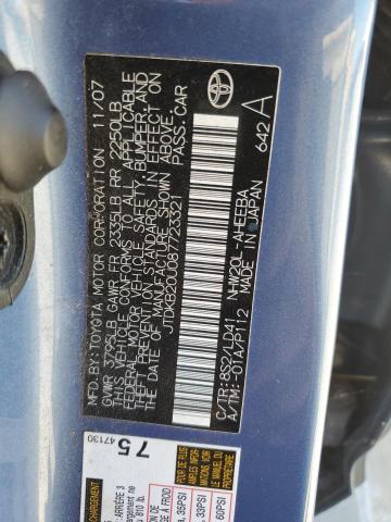 JTDKB20U087723321 - 2008 TOYOTA PRIUS BLUE photo 12