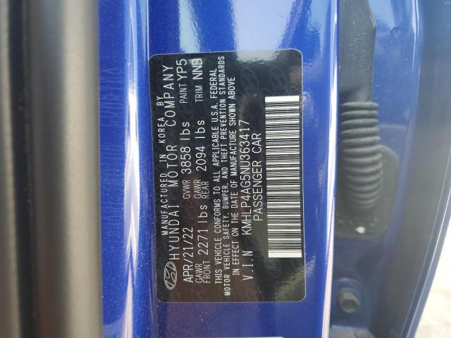 KMHLP4AG5NU363417 - 2022 HYUNDAI ELANTRA LIMITED BLUE photo 12