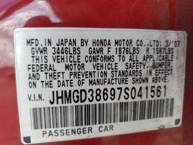JHMGD38697S041561 - 2007 HONDA FIT S 红色 照片 12