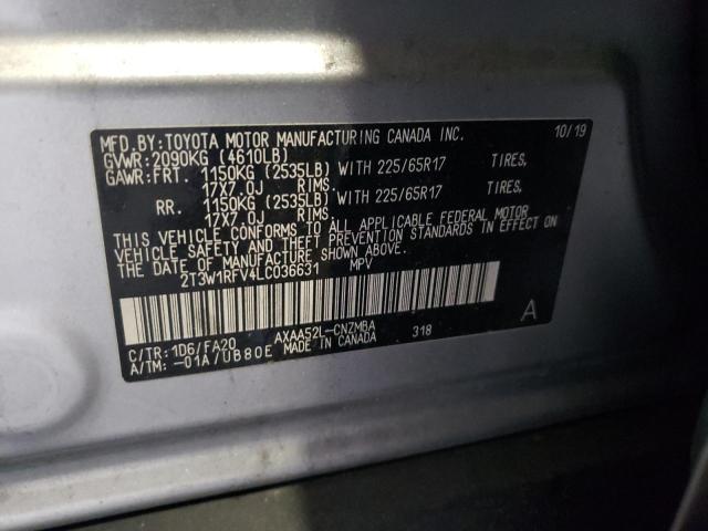 2T3W1RFV4LC036631 - 2020 TOYOTA RAV4 XLE SILVER photo 12