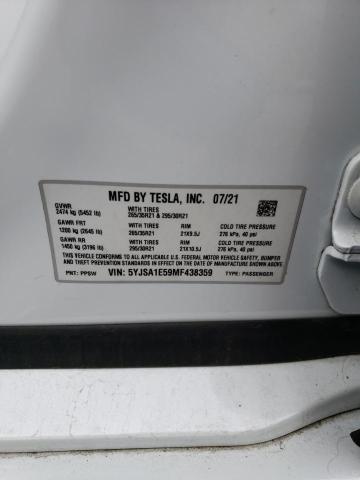 5YJSA1E59MF438359 - 2021 TESLA MODEL S WHITE photo 12