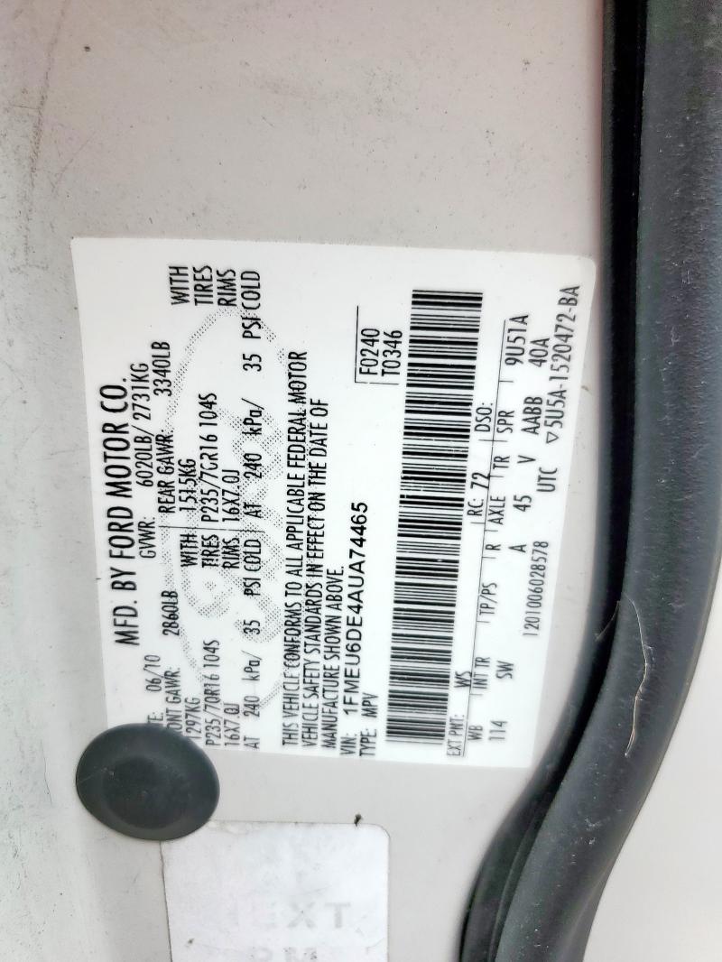 1FMEU6DE4AUA74465 - 2010 FORD EXPLORER XLT 白色 照片 12