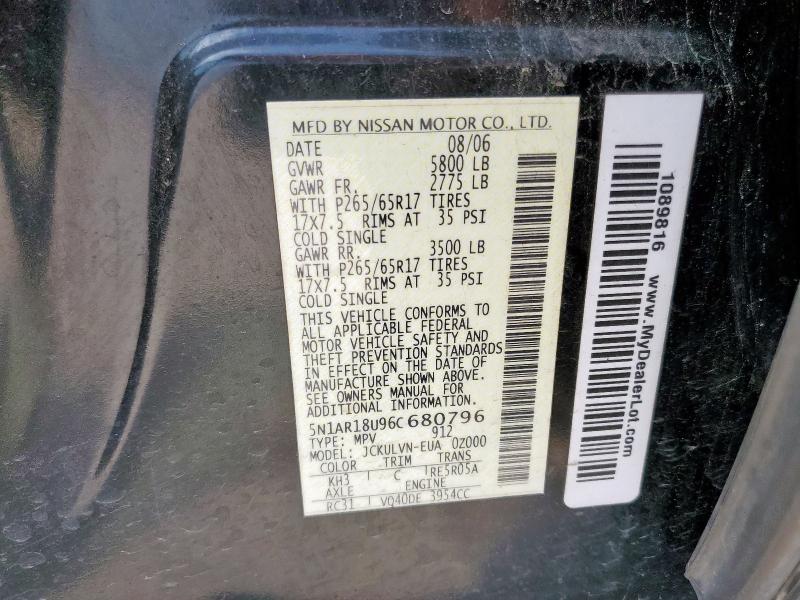 5N1AR18U96C680796 - 2006 NISSAN PATHFINDER LE BLACK photo 13