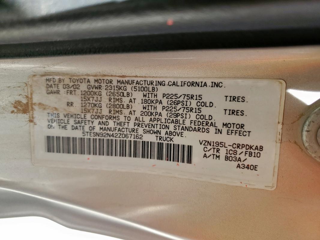 5TESN92N42Z067162 - 2002 TOYOTA TACOMA XTRACAB PRERUNNER ვერცხლისფერი ფოტო 12