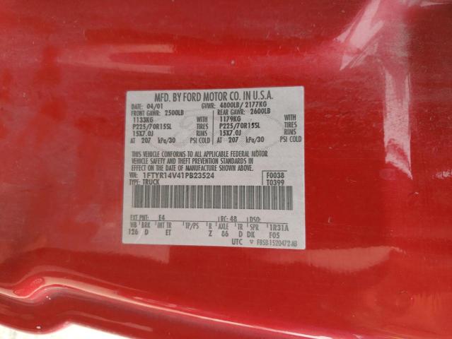 1FTYR14V41PB23524 - 2001 FORD RANGER SUPER CAB RED photo 12